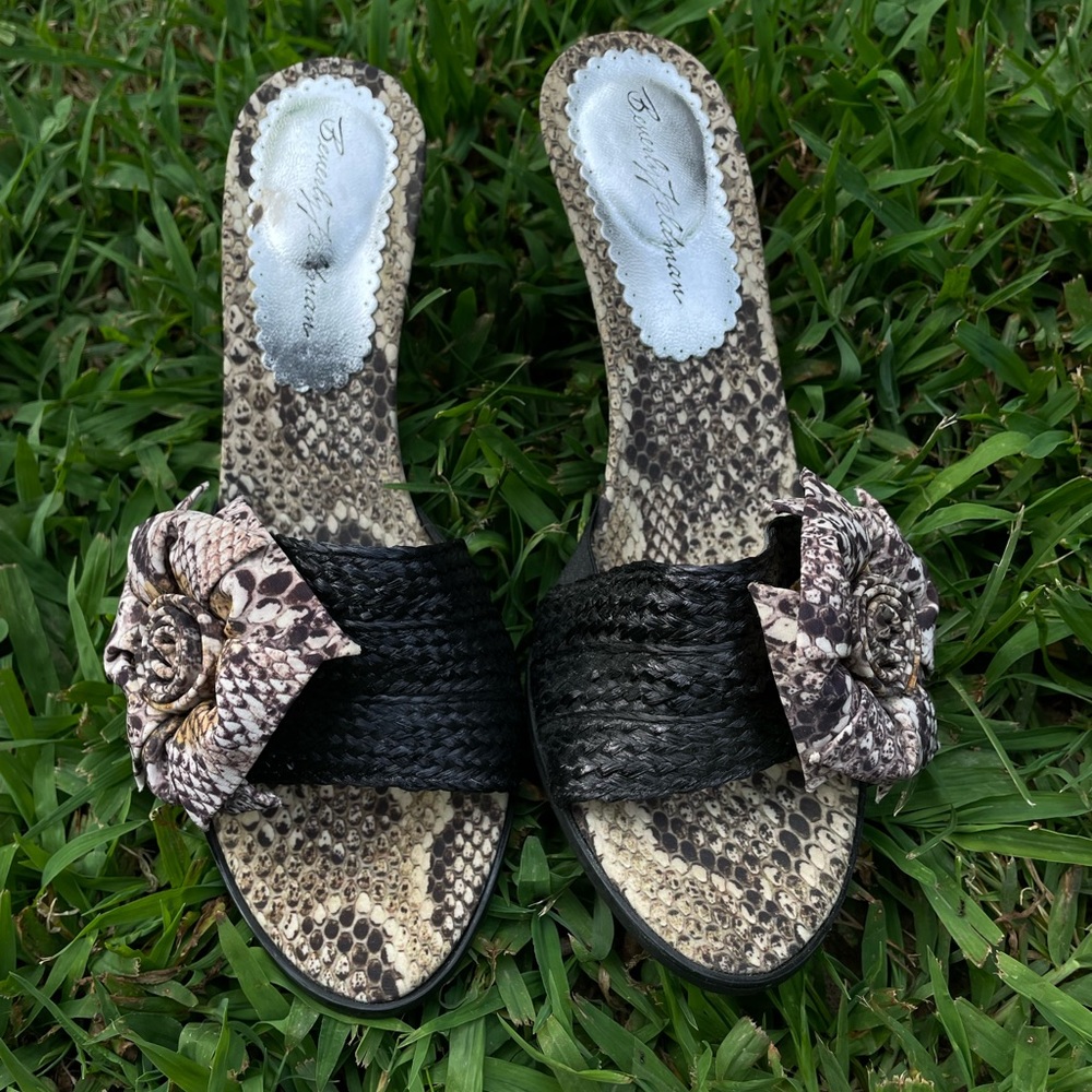 Beverly Feldman Floral/Snake Skin Mule Heel Shoes - Size 8 1/2